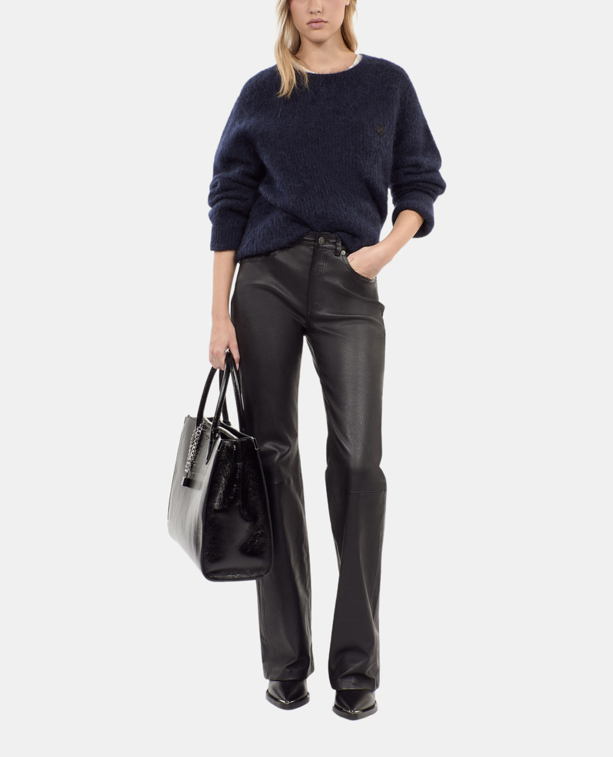 Ausgestellte, schwarze Hose aus Leder, BLACK, hi-res image number null