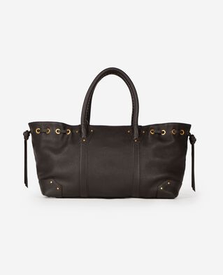 The Kooples FEMME BROWN sac cabas fronc&eacute; en cuir grain&eacute; marron