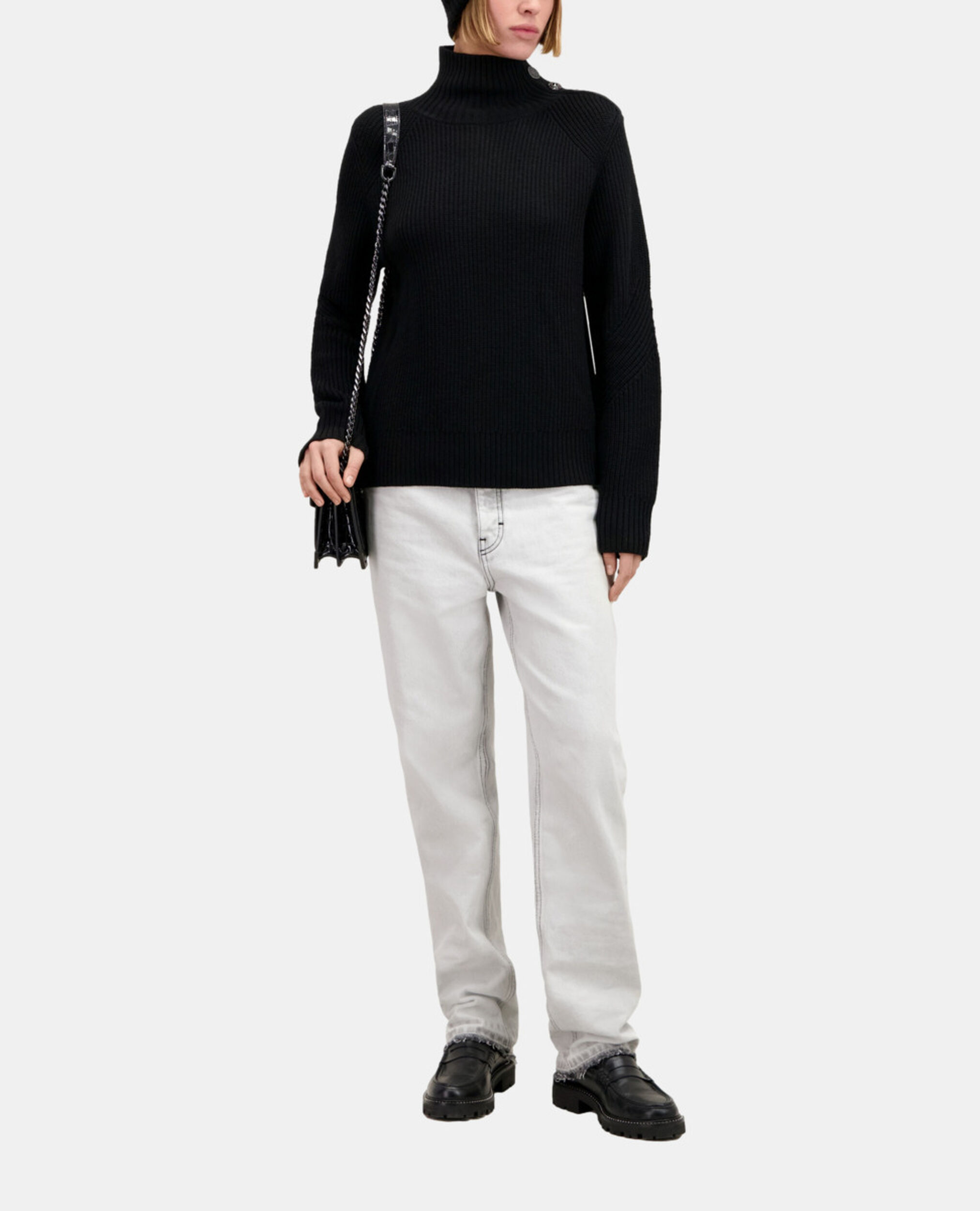 Black wool sweater with bijou buttons, BLACK, hi-res image number null