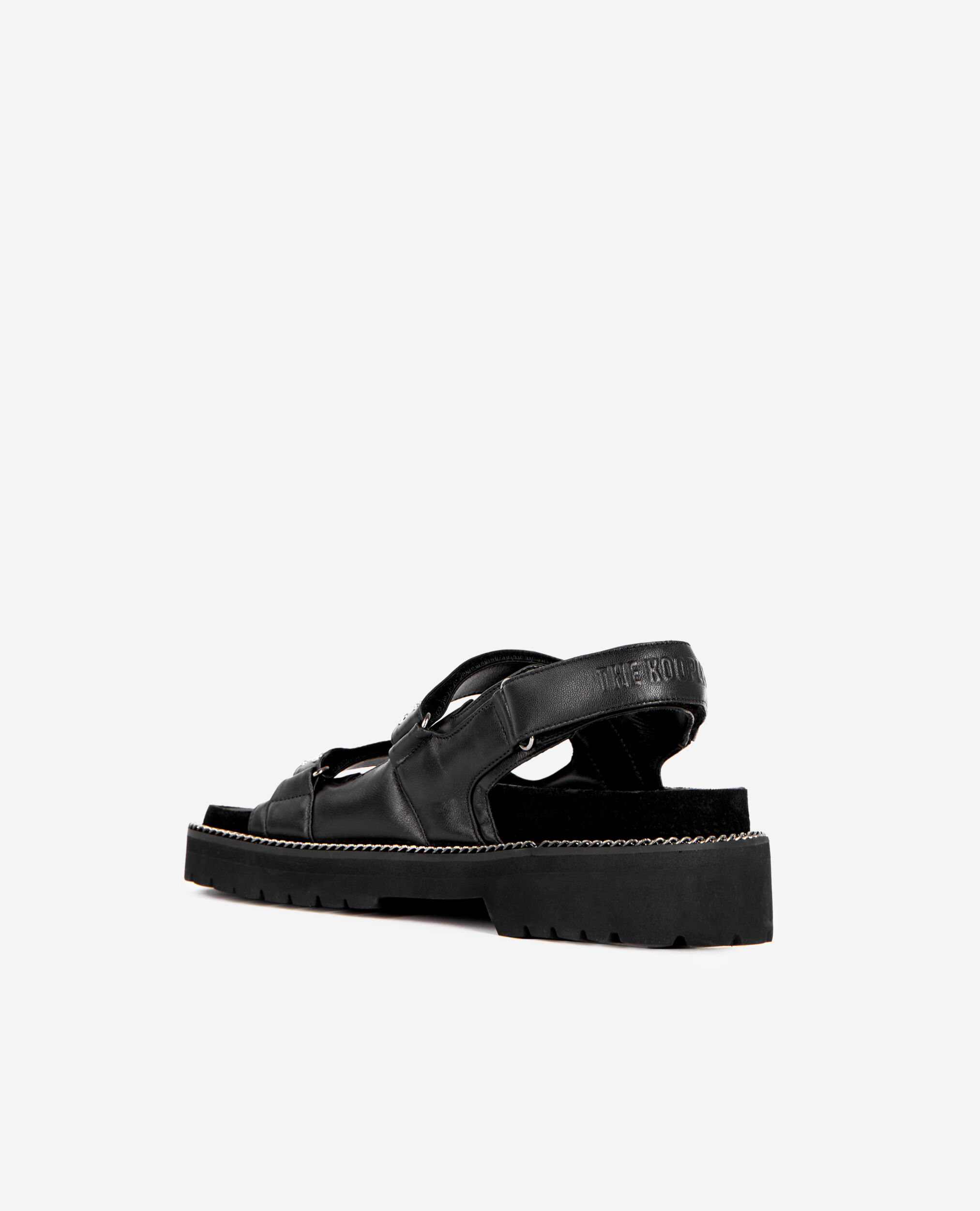 Schwarze flache Sandalen mit Kette und Nieten, BLACK, hi-res image number null