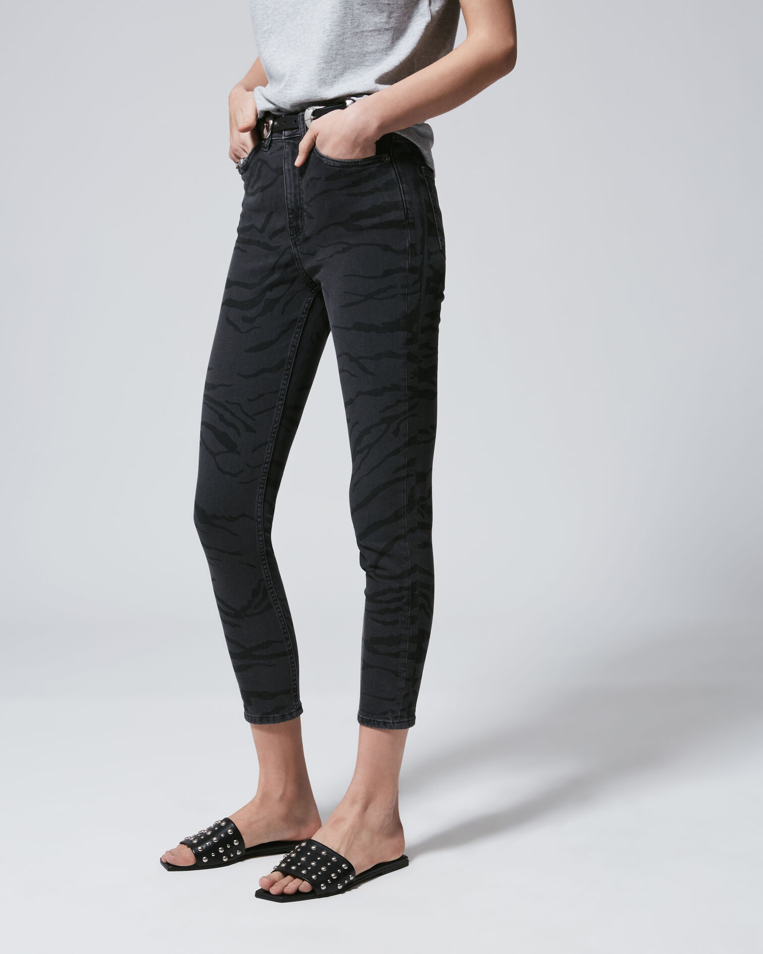 High-waist faded black jeans with zebra print, BLACK, hi-res image number null