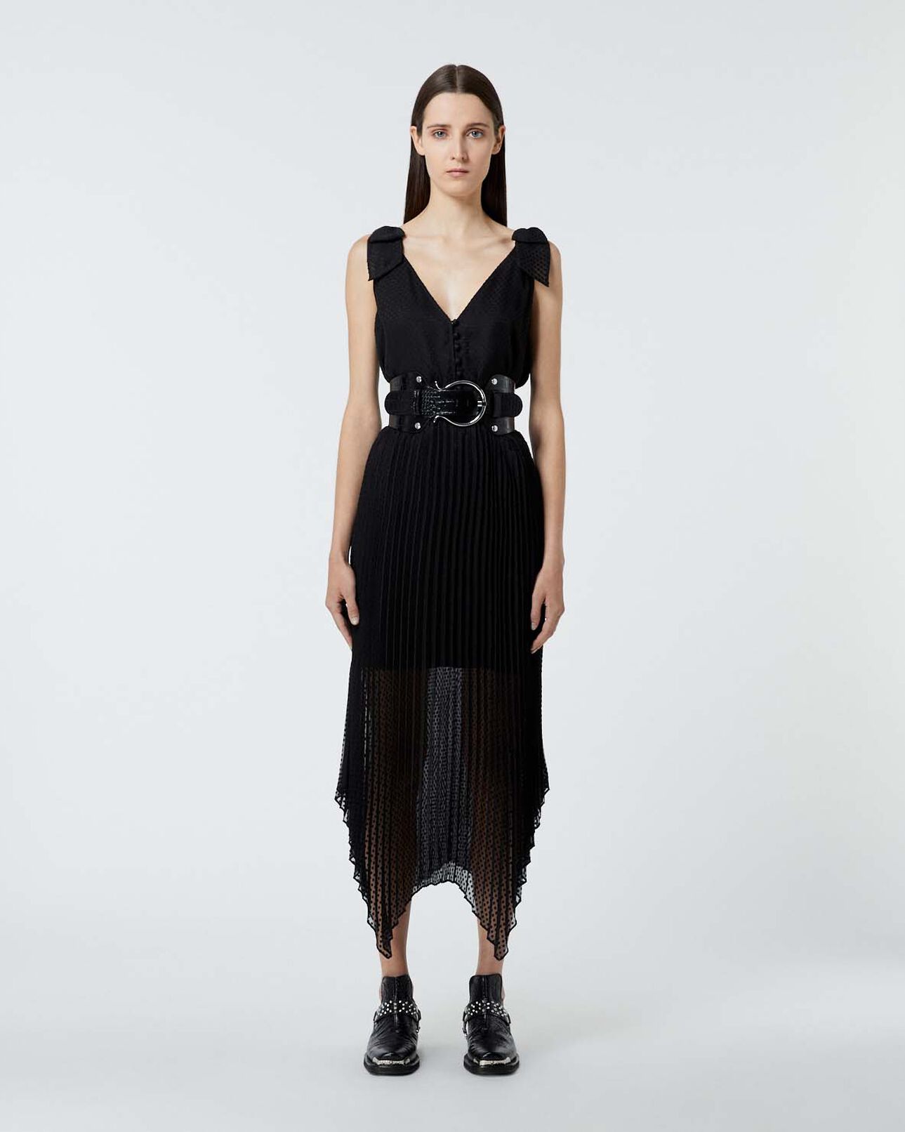 The Kooples MUJER BLACK vestido largo negro plisado tirantes