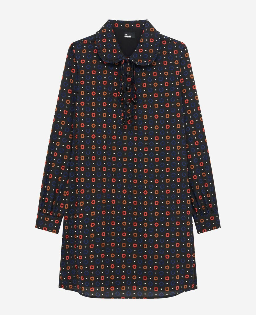 The Kooples DAMEN BLACK MELANGE kurzes kleid mit punkte- und blumenprint aus seidenmischgewebe in schwarz