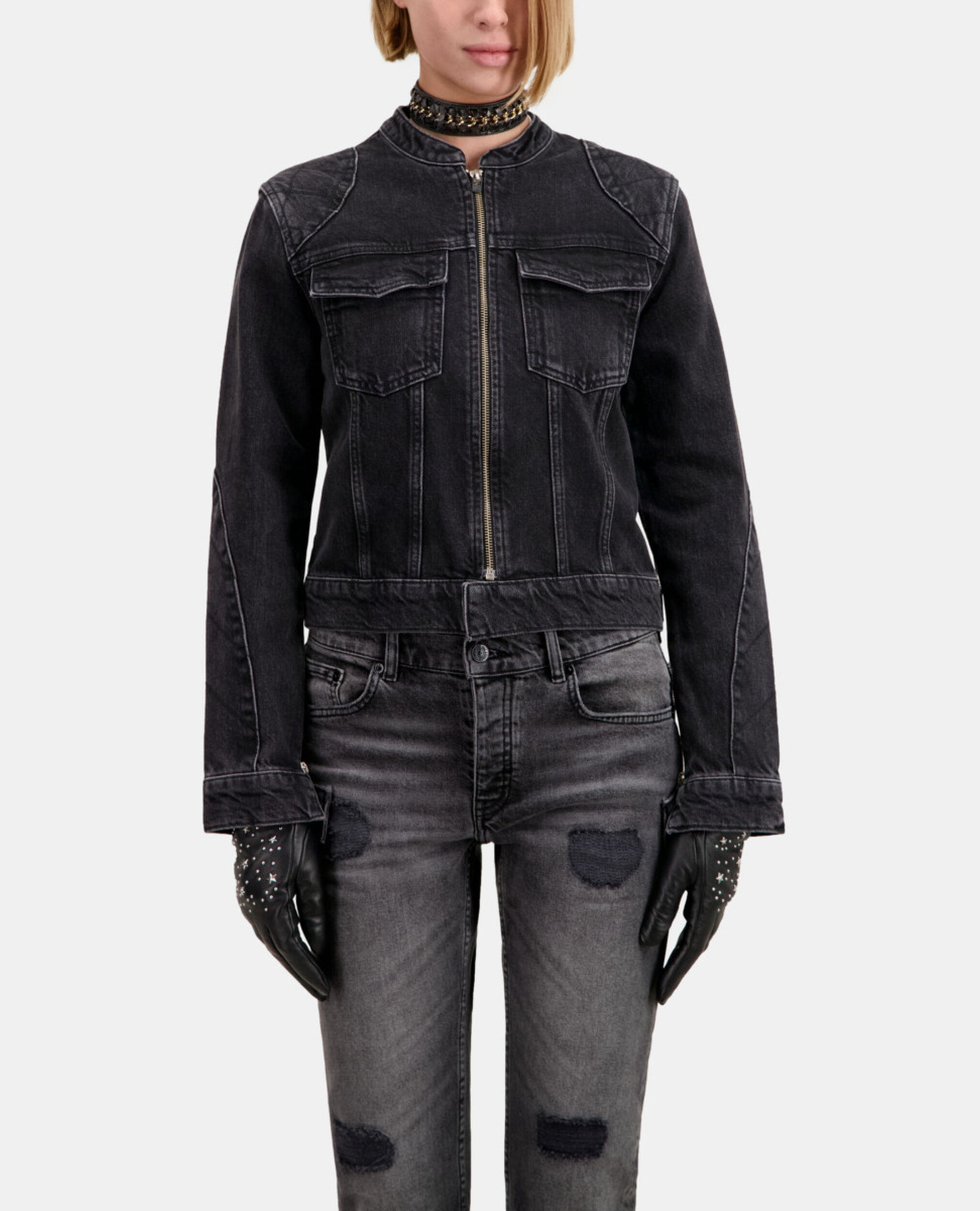 Schwarze Bikerjacke aus Denim, BLACK WASHED, hi-res image number null