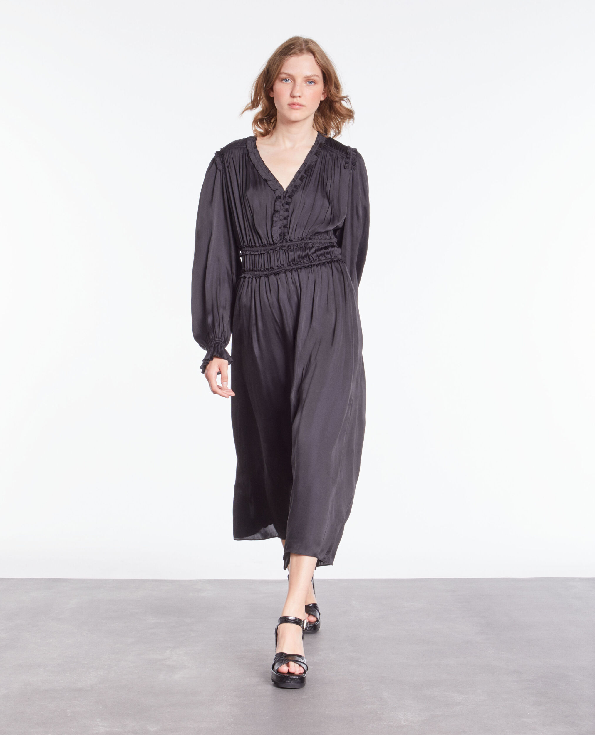Vestido largo negro fruncidos, BLACK, hi-res image number null