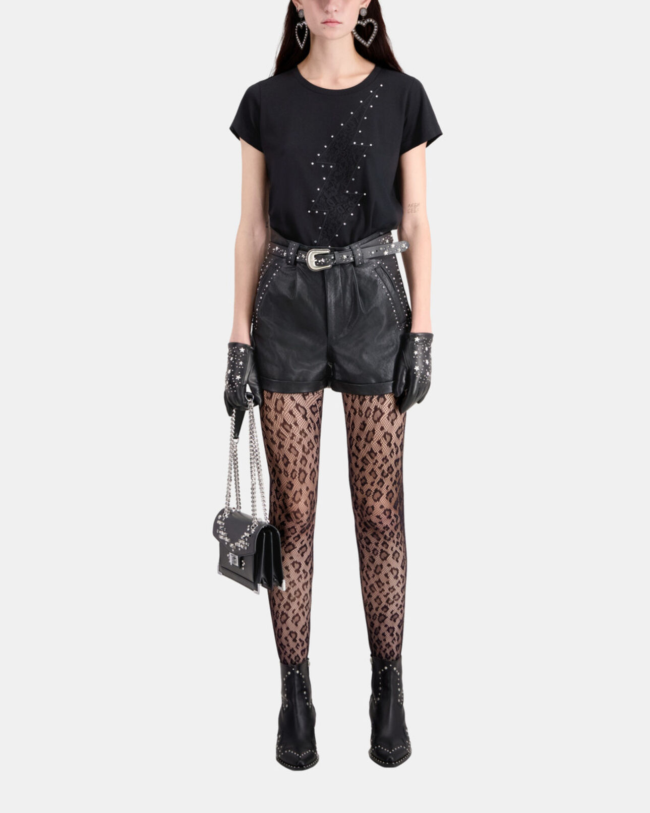 The Kooples WOMEN BLACK leather shorts with studs