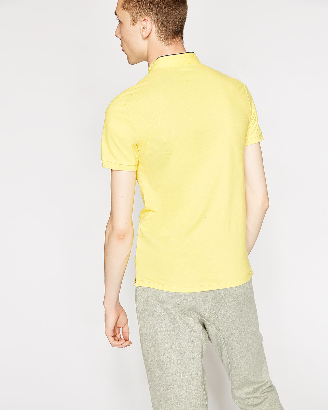 The Kooples MEN CANARY YELLOW / PURPLE bright yellow cotton polo shirt with officer collar and purple details