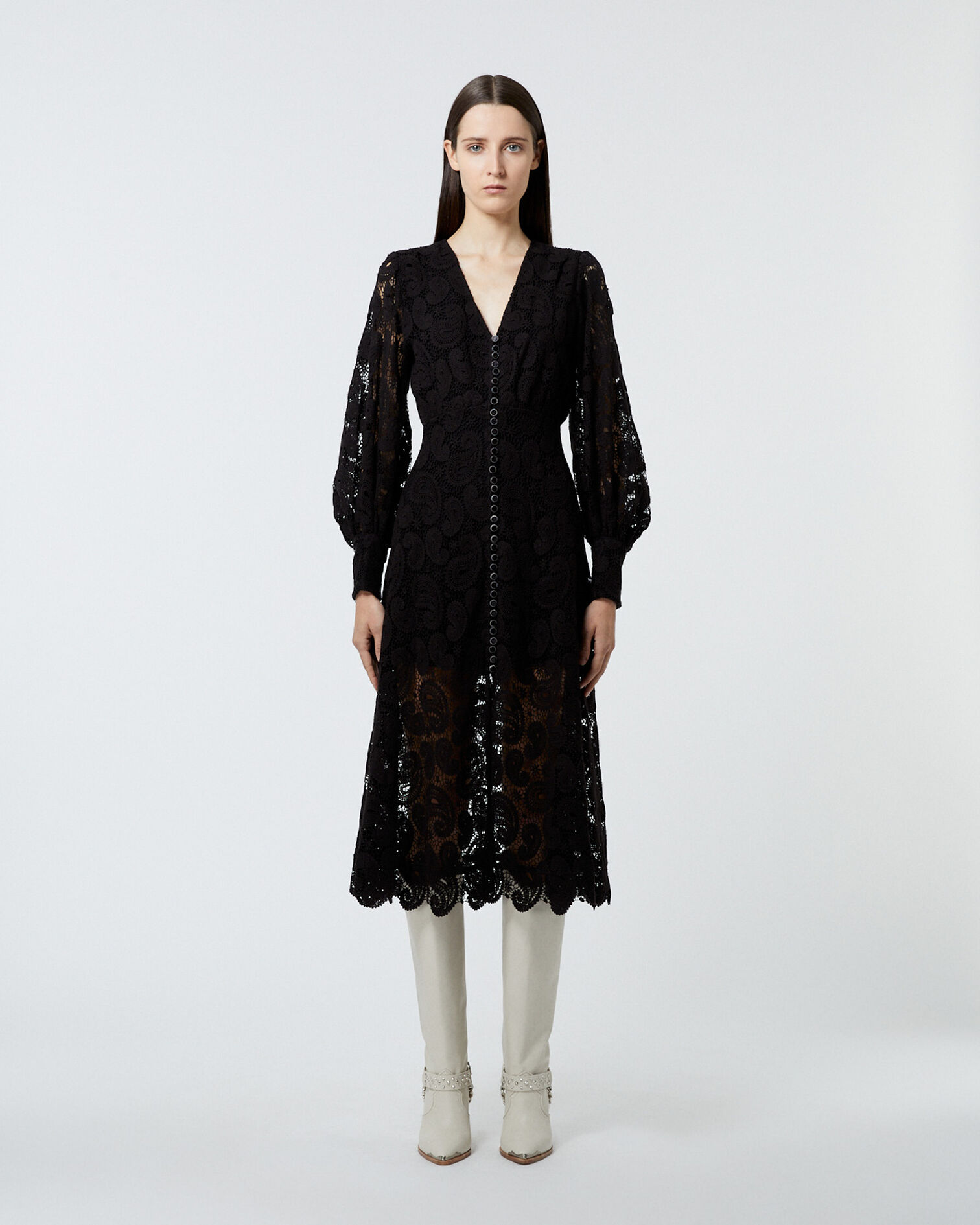 Long buttoned black lace dress, BLACK, hi-res image number null