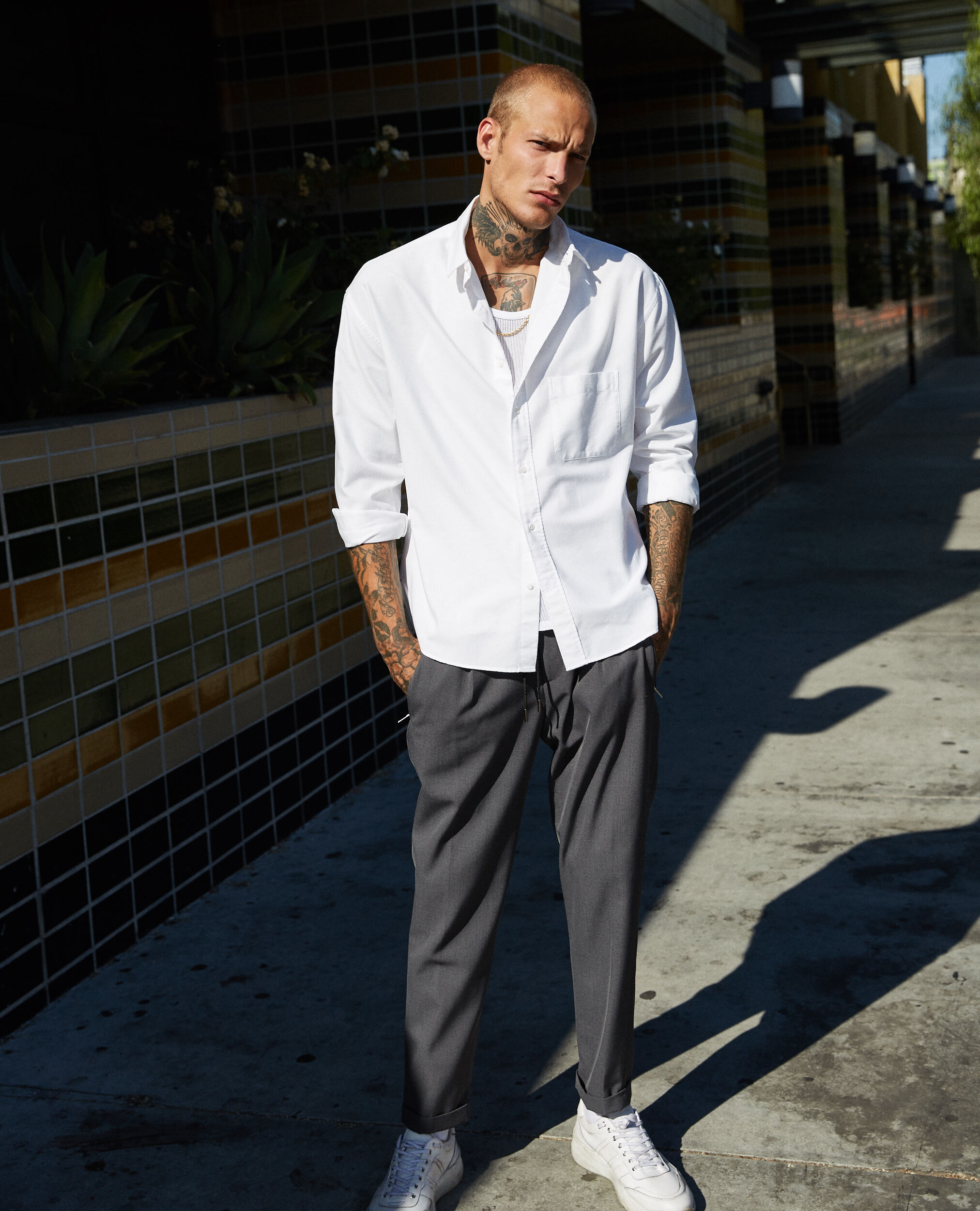 Shirt with grey chinos deals