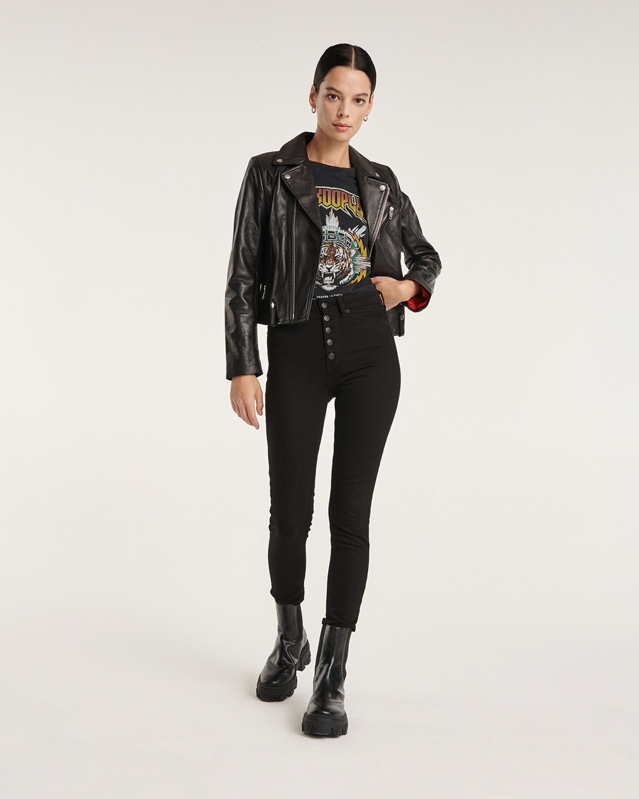 The Kooples FEMME BLACK veste motard cuir noir à détails zippés