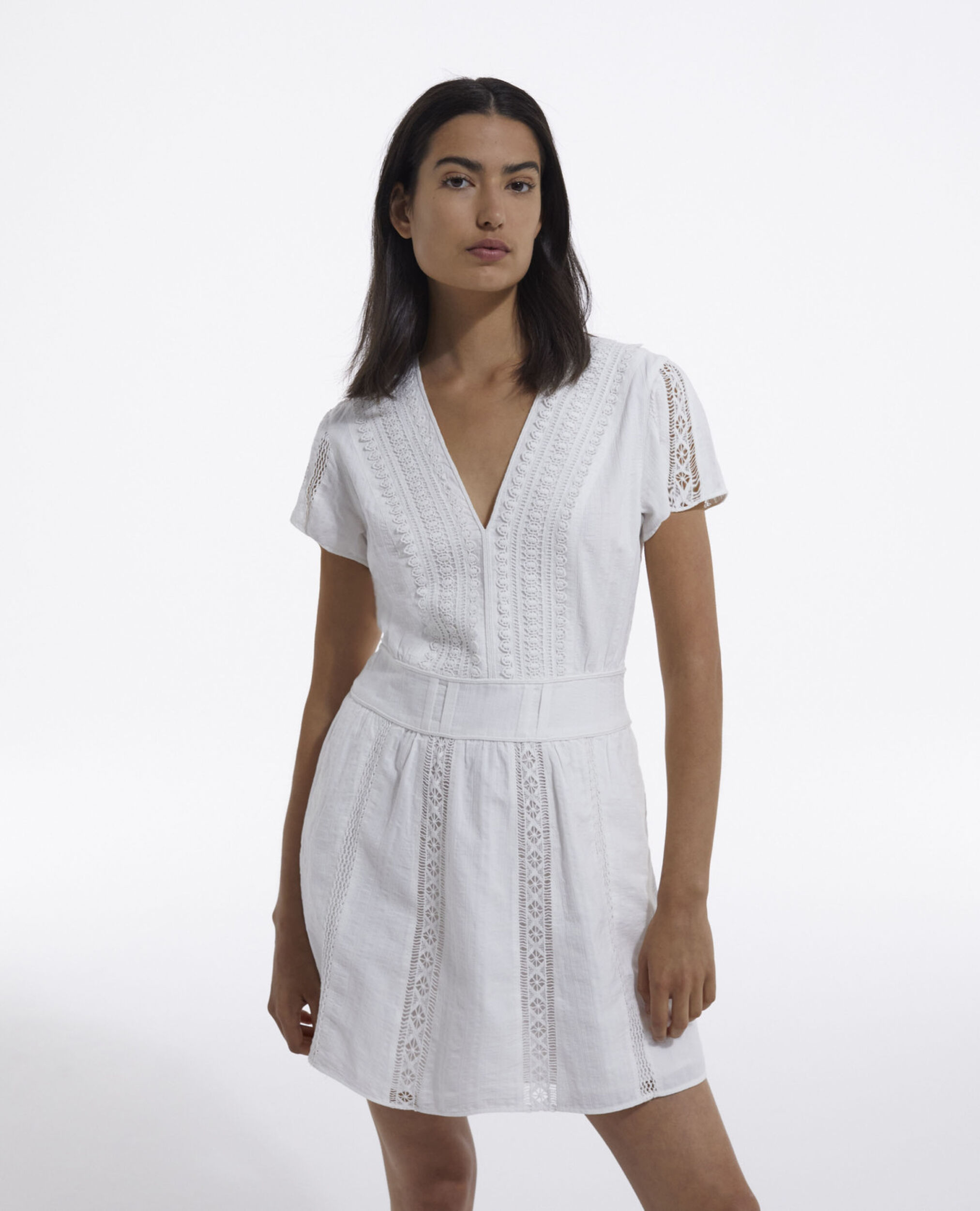 Short ecru embroidered dress w/ ribbon detail, OFF WHITE, hi-res image number null
