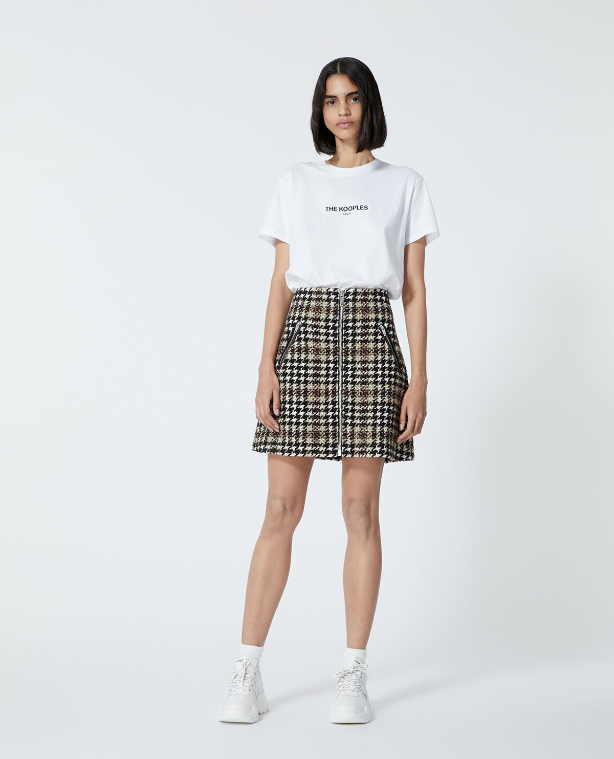 Short burgundy tweed skirt with leather detail The Kooples