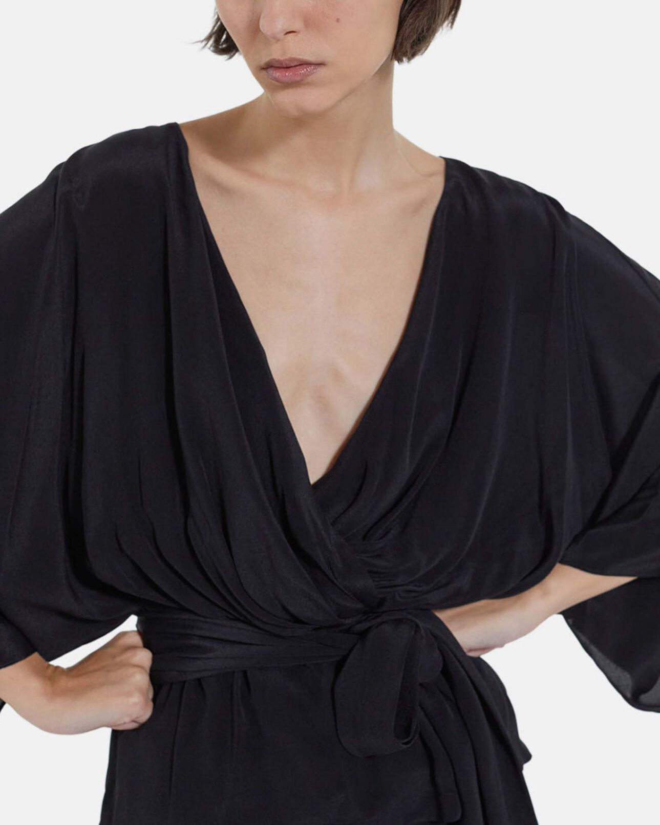 The Kooples FEMME BLACK top kimono noir manches longues drapé