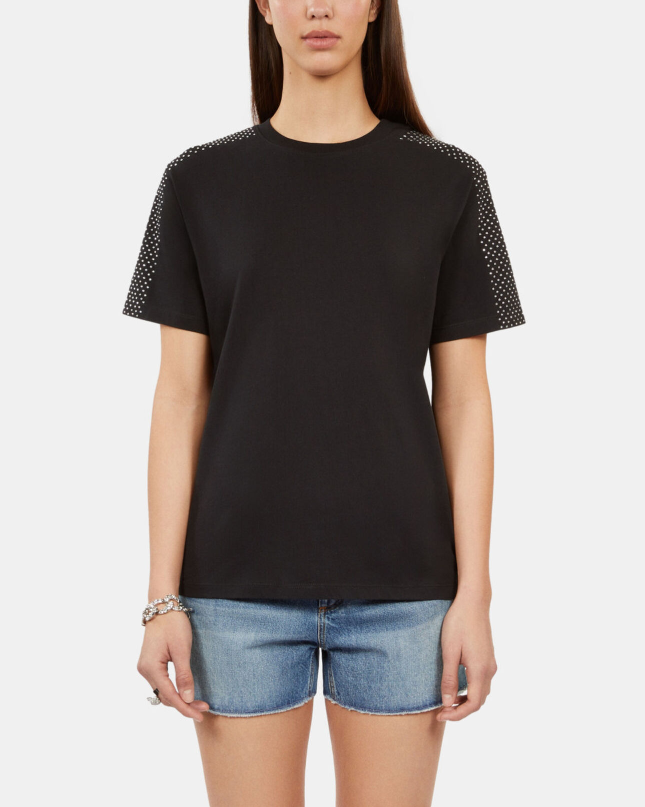 The Kooples WOMEN BLACK women's black t-shirt with rhinestones