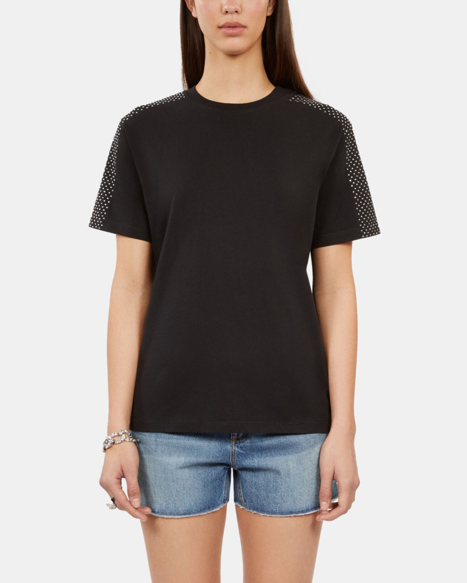 Women's black t-shirt with rhinestones, BLACK, hi-res image number null