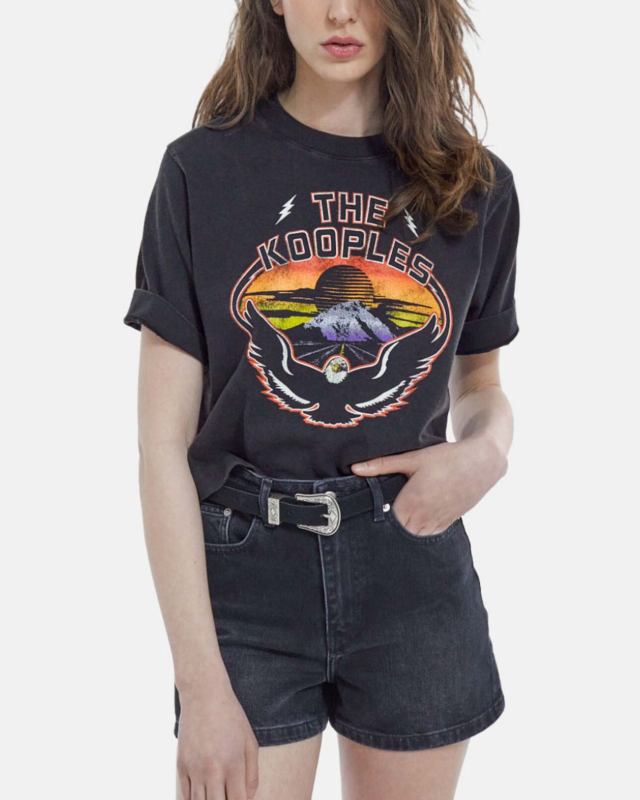 The Kooples WOMEN BLACK WASHED black short-sleeve cotton t-shirt with eagle print