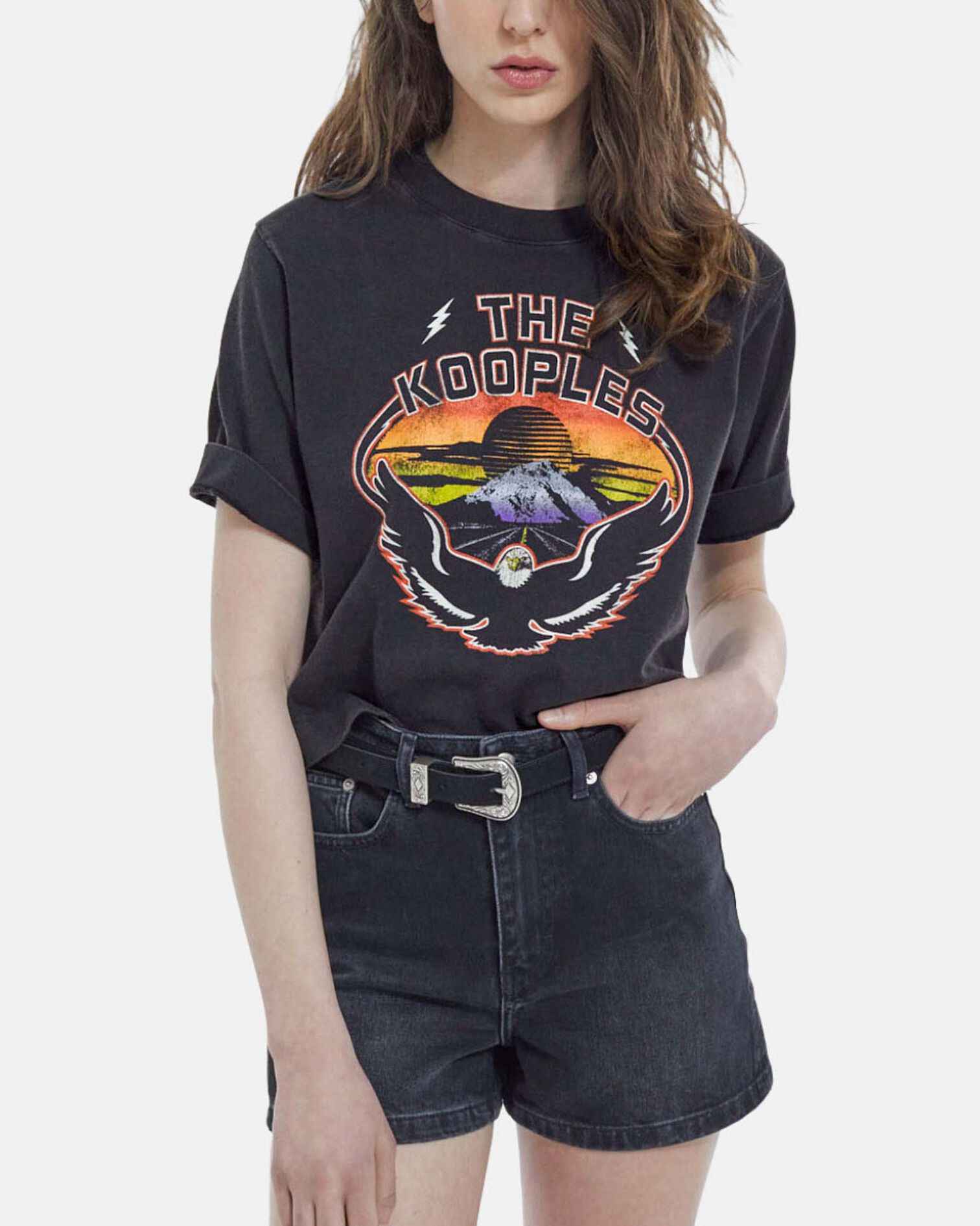 Black short-sleeve cotton T-shirt with eagle print, BLACK WASHED, hi-res image number null
