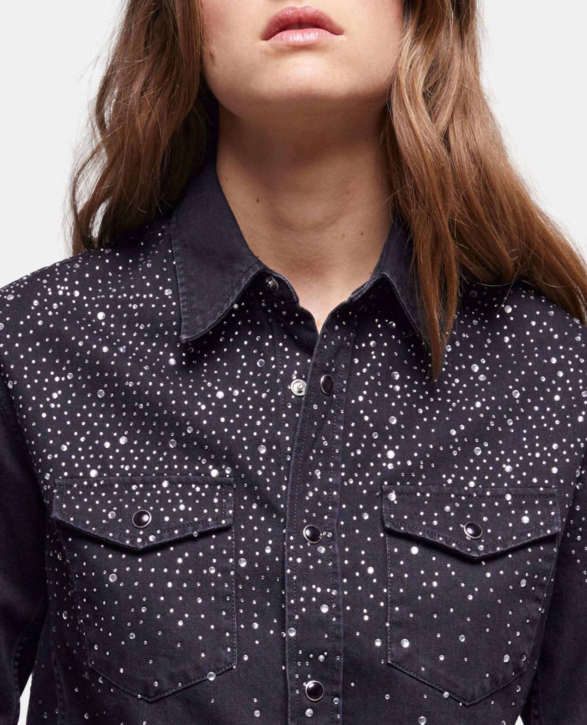 Black shirt with rhinestone details, BLACK WASHED, hi-res image number null