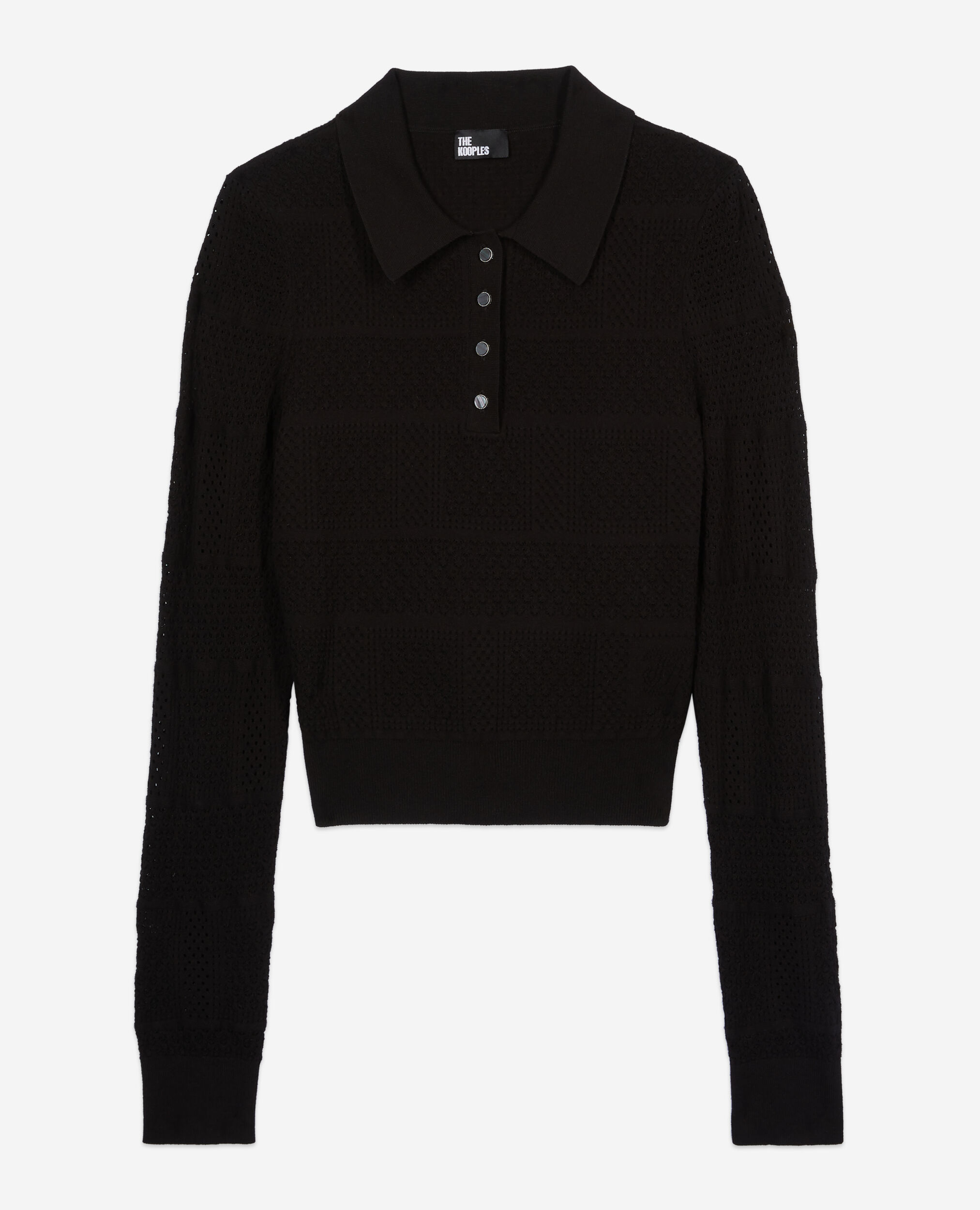 Black openwork knit polo shirt, BLACK, hi-res image number null