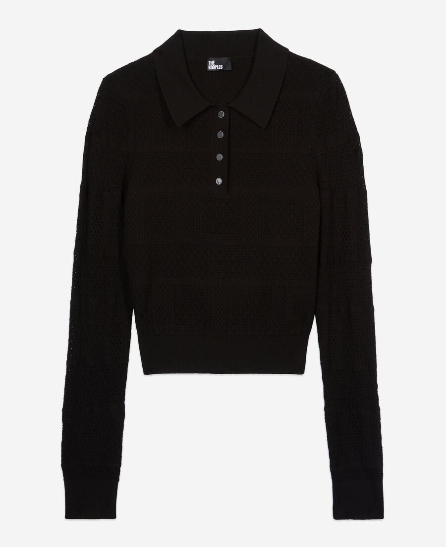 black openwork knit polo shirt