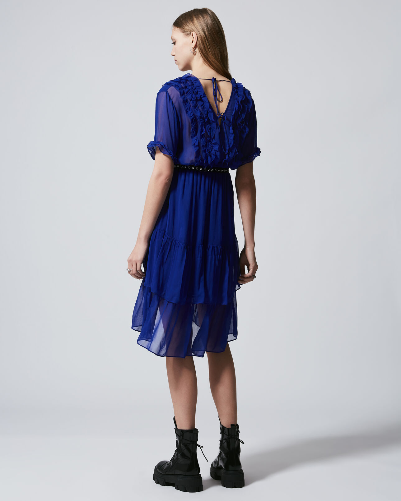 The Kooples FEMME BLUE robe longue fluide bleue col v à volants