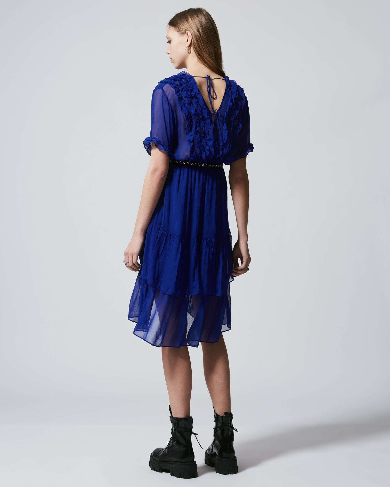 Blue long flowing dress with V-neck - frills, BLUE, hi-res image number null