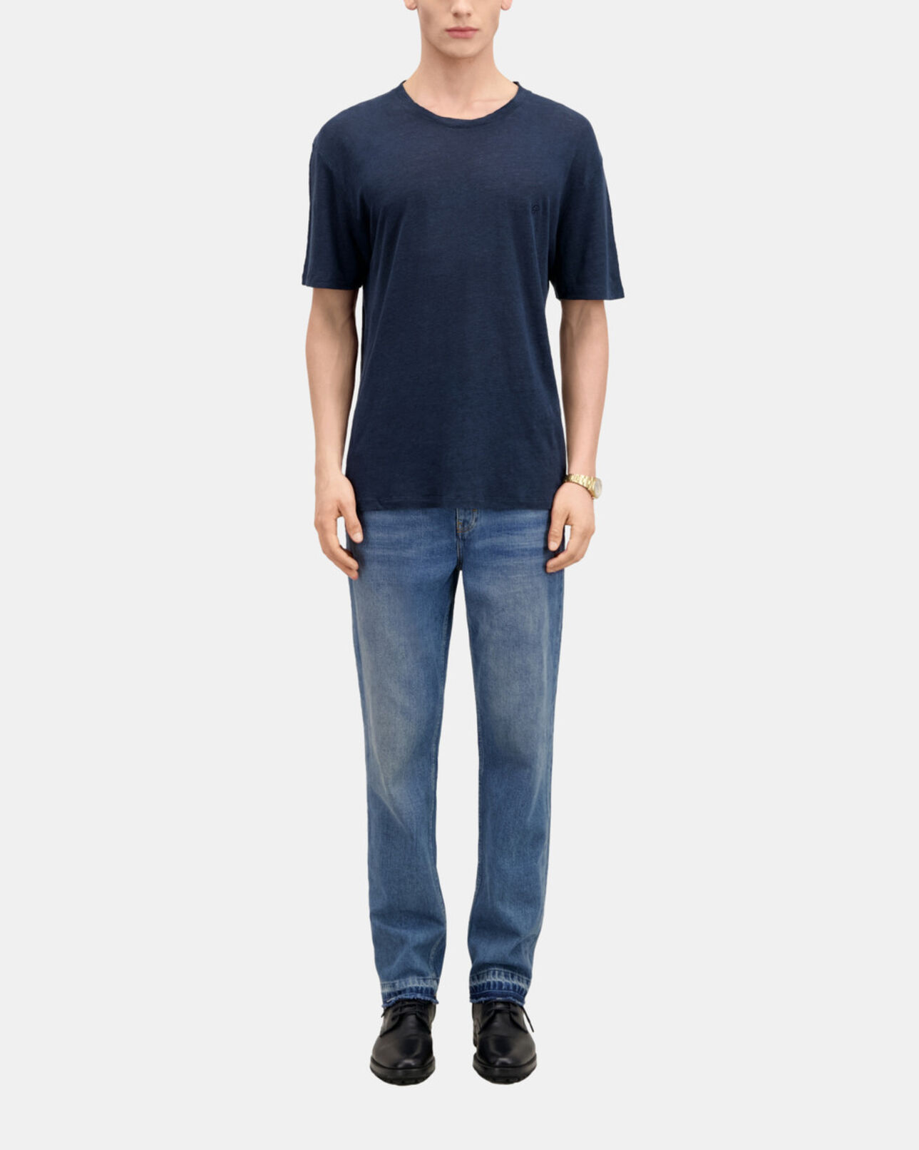 The Kooples MEN NAVY men's navy blue linen t-shirt with blazon