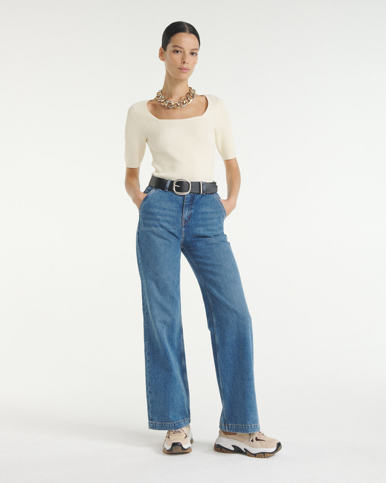 The Kooples FEMME ECRU pull maille fine écrue à encolure carrée