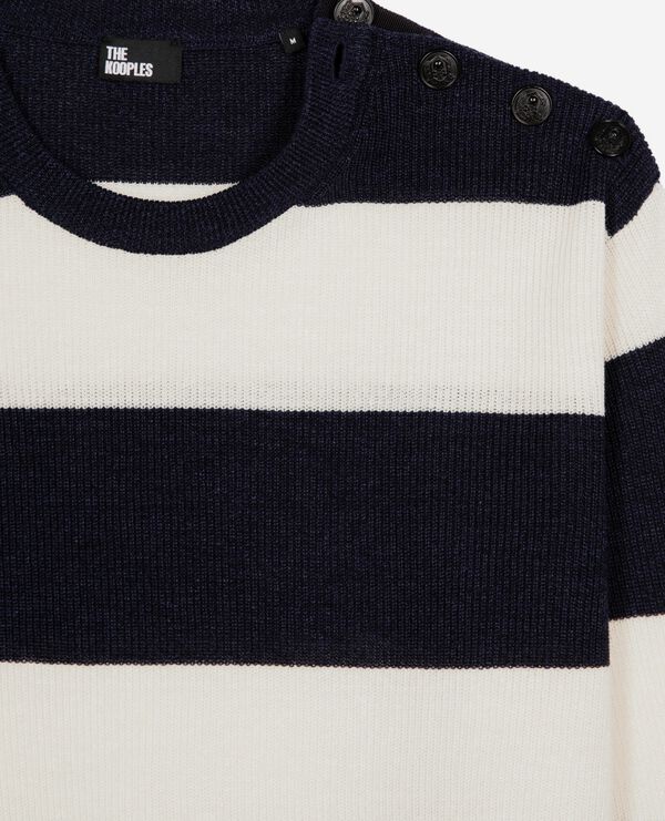 The Kooples HOMME ECRU NAVY pull en laine et lin à rayures marine