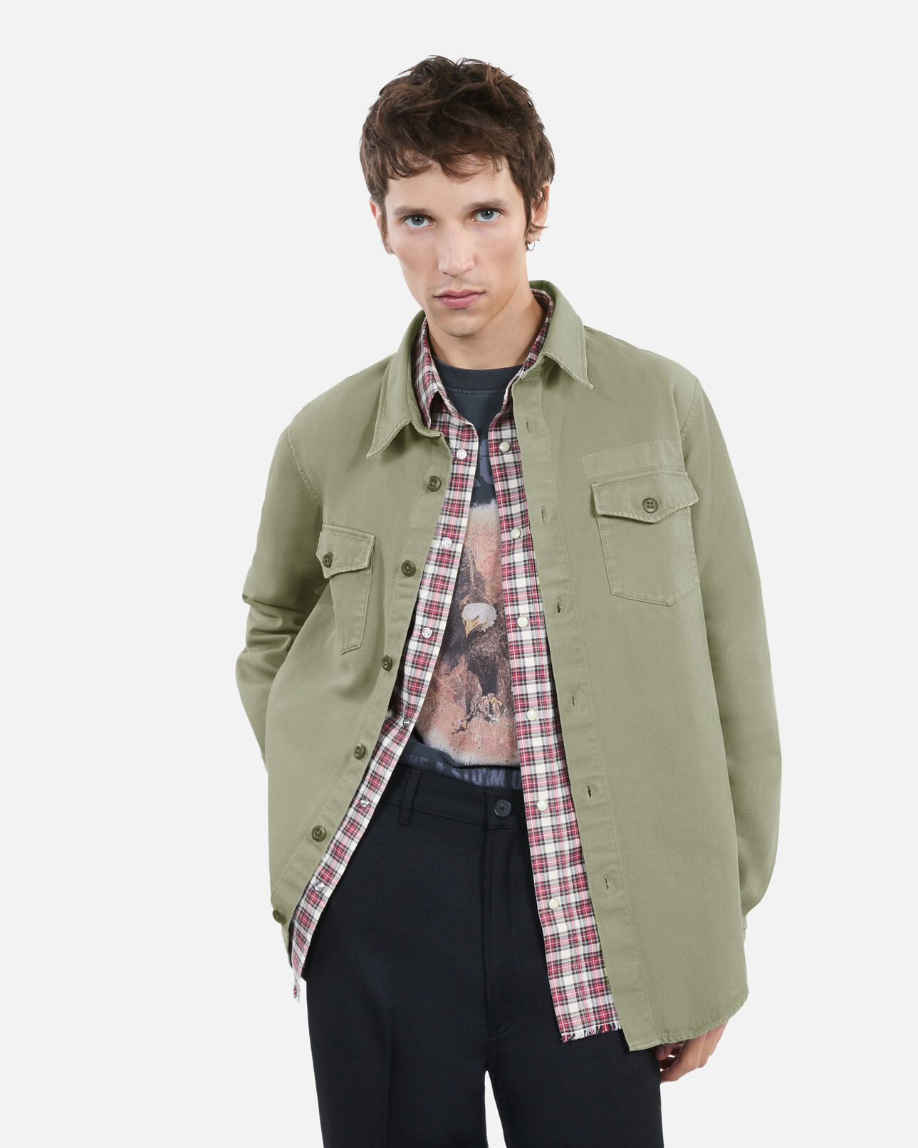 The Kooples HERREN OLIVE khakifarbenes hemd aus denim