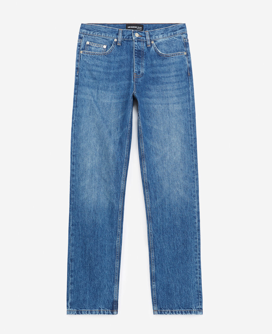 straight blue faded jeans with five pockets