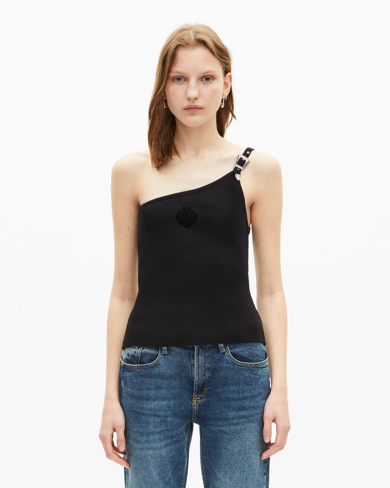 The Kooples WOMEN BLACK asymmetric black ribbed tank top