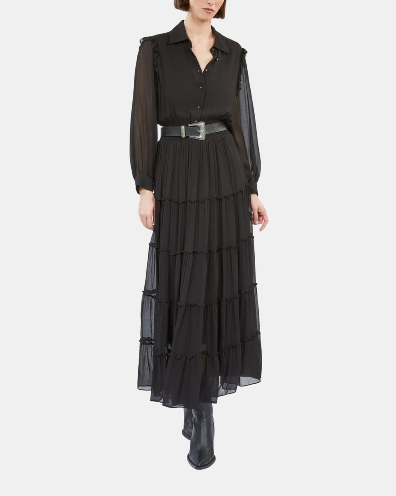 The Kooples WOMEN BLACK long black dress with ruffles