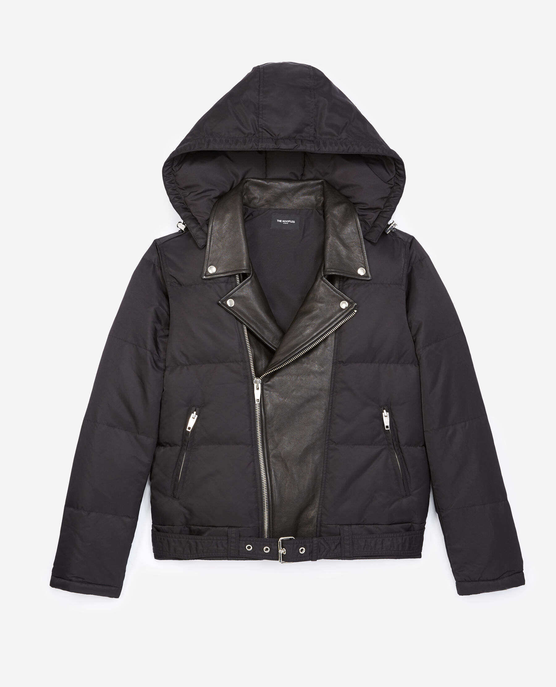 Quilted black down jacket with leather detail The Kooples US