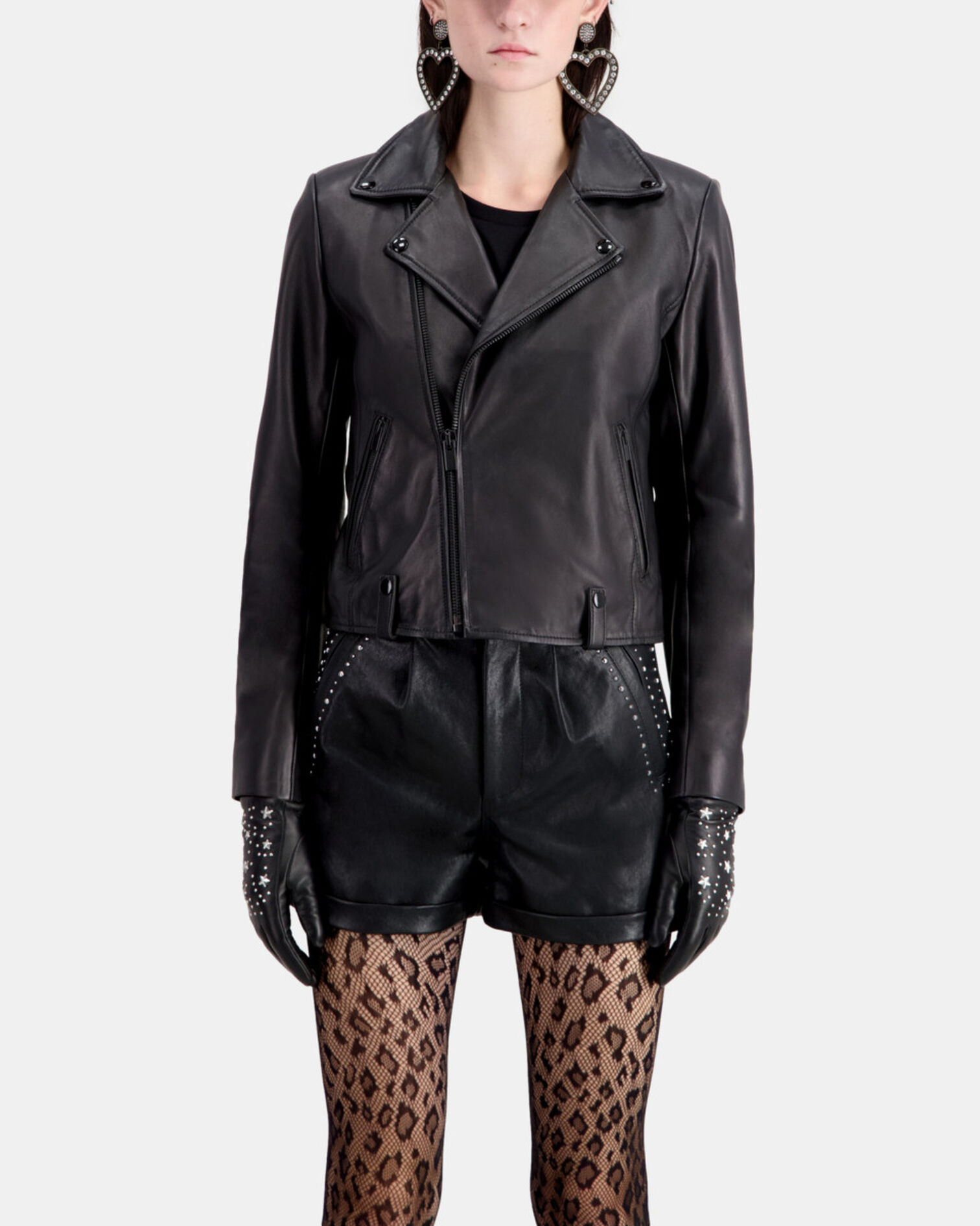 Blouson en cuir noir, BLACK, hi-res image number null