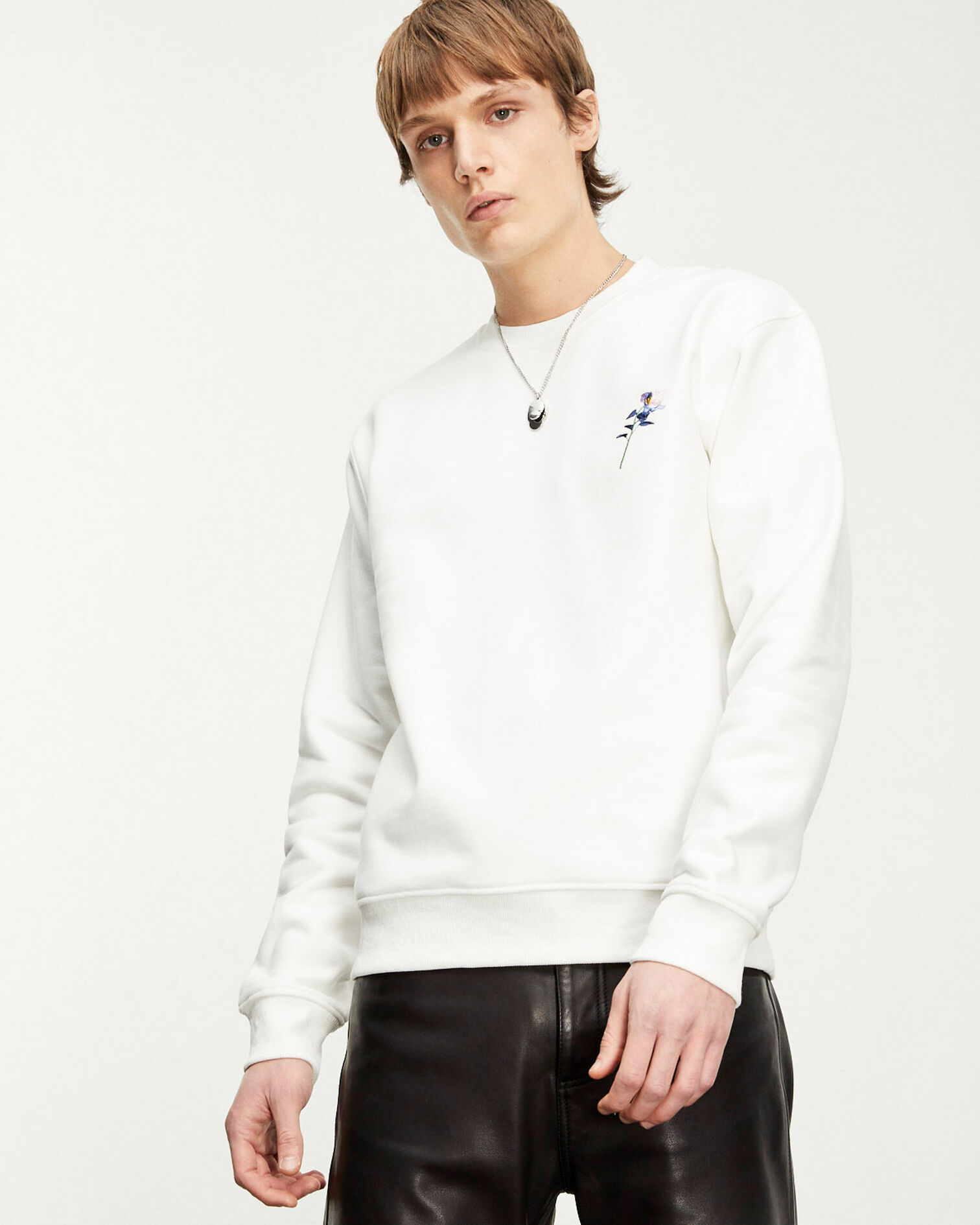 Sweat coton écru à fleurs brodées, OFF WHITE, hi-res image number null