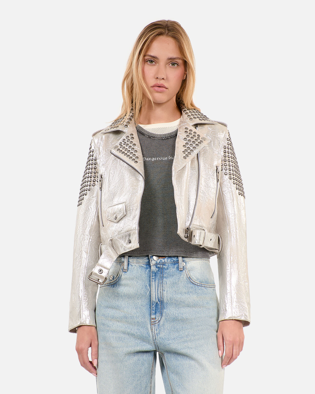 The Kooples F 52 ARGENT VIEILLI CORNE studded silver leather jacket