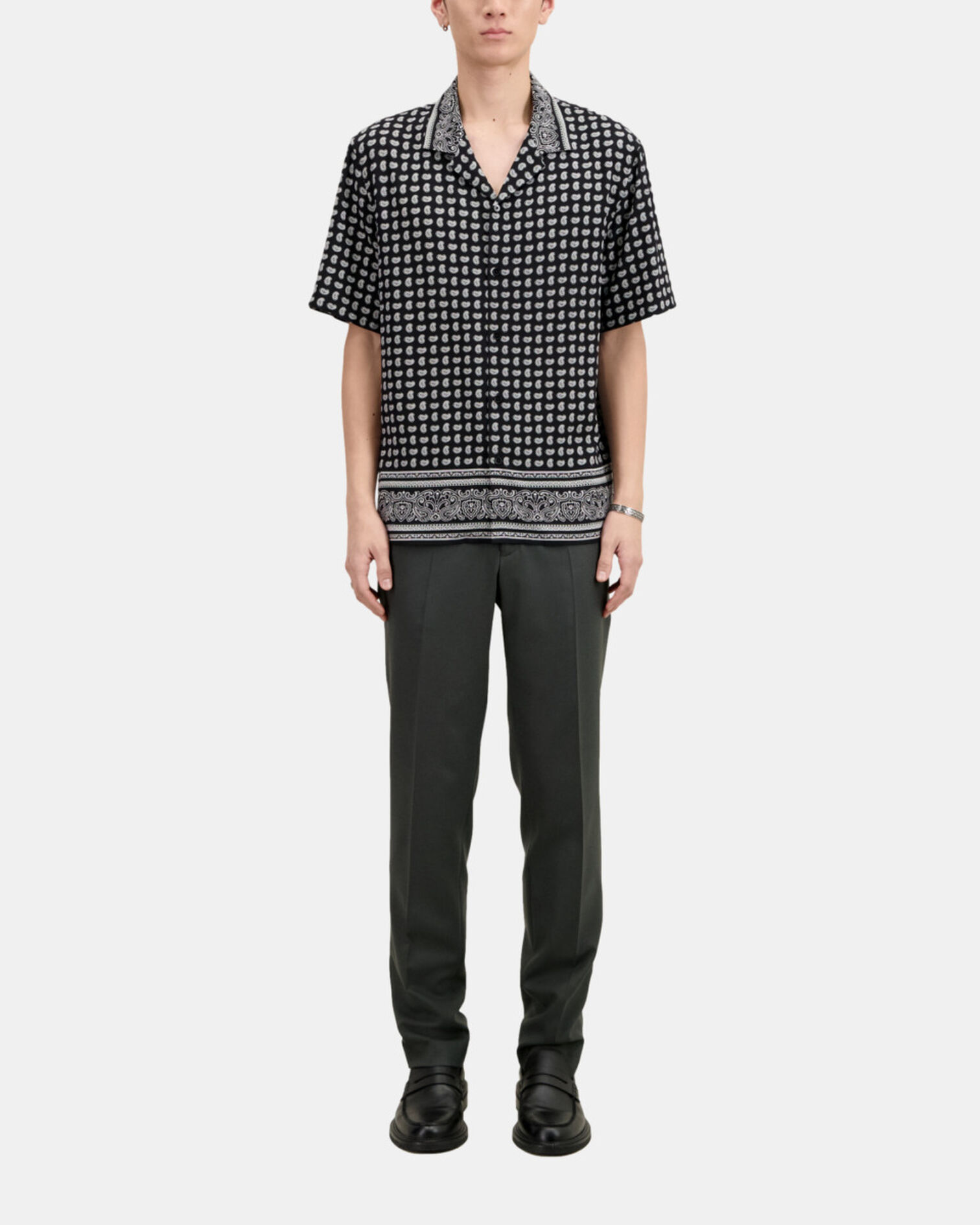 Black and white paisley print short sleeve shirt, BLACK WHITE, hi-res image number null