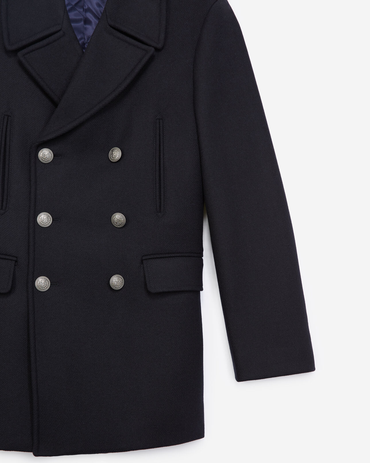 The Kooples MEN NAVY navy blue wool pea coat with black buttons