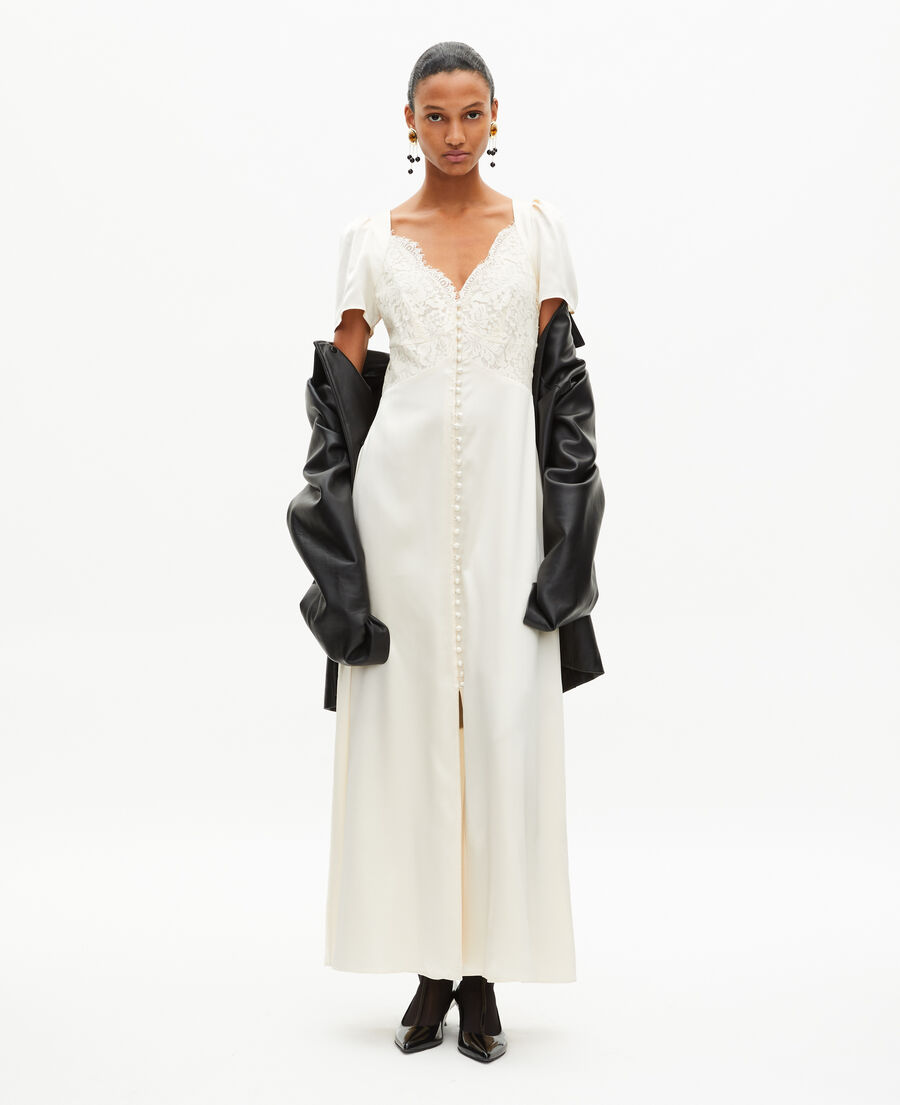 The Kooples F LIGHT BEIGE long silk dress with ecru lace