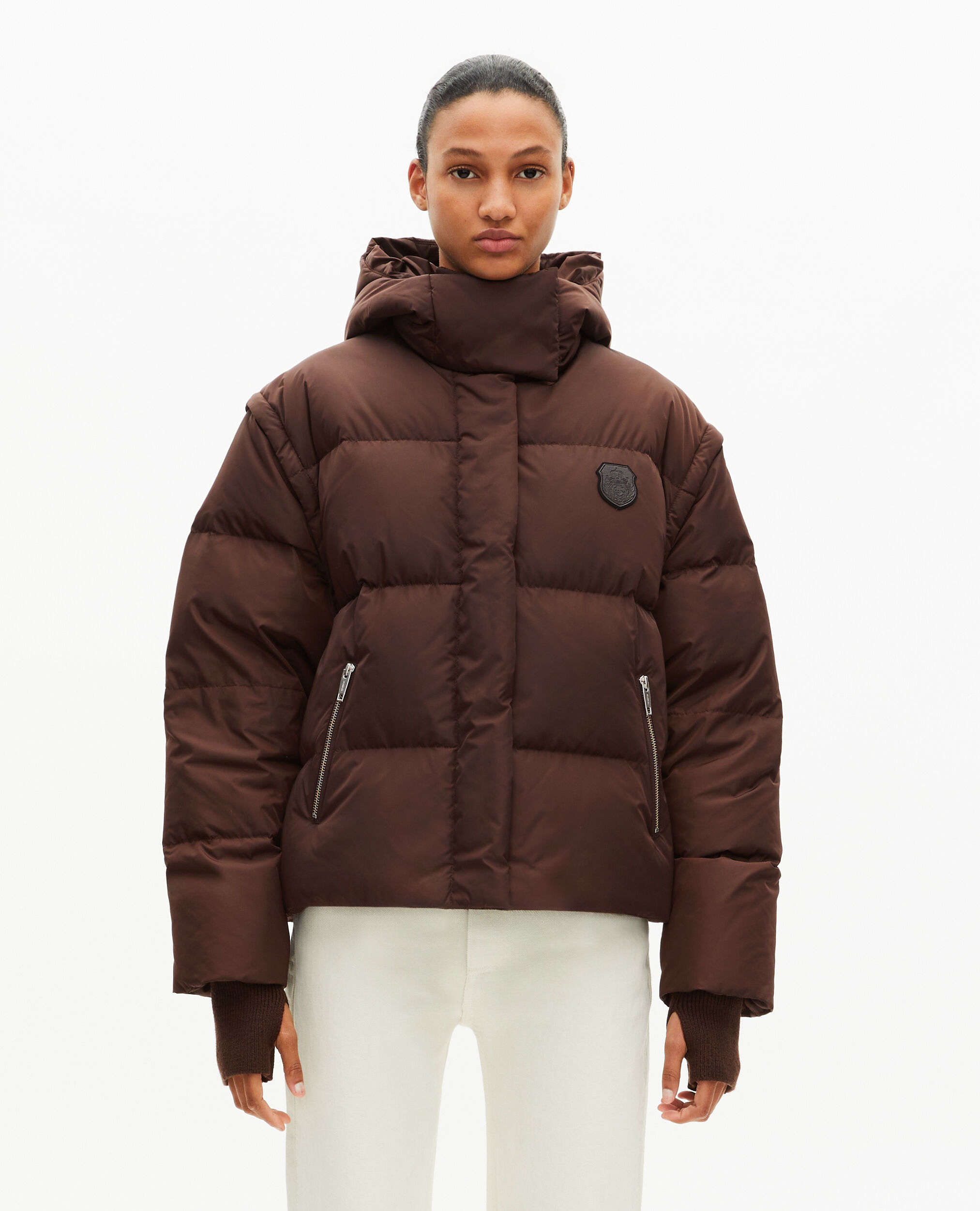 Brown down jacket with removable sleeves | The Kooples US