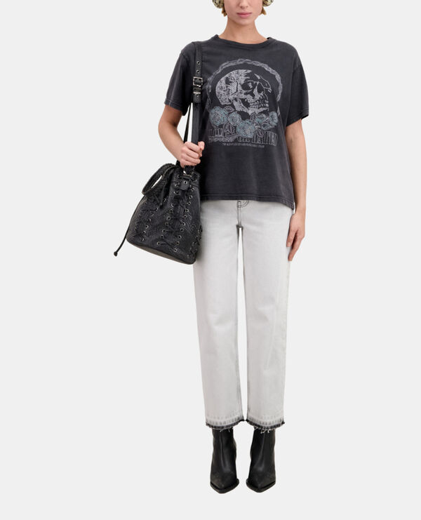schwarzes t-shirt damen mit vintage-skull-siebdruck