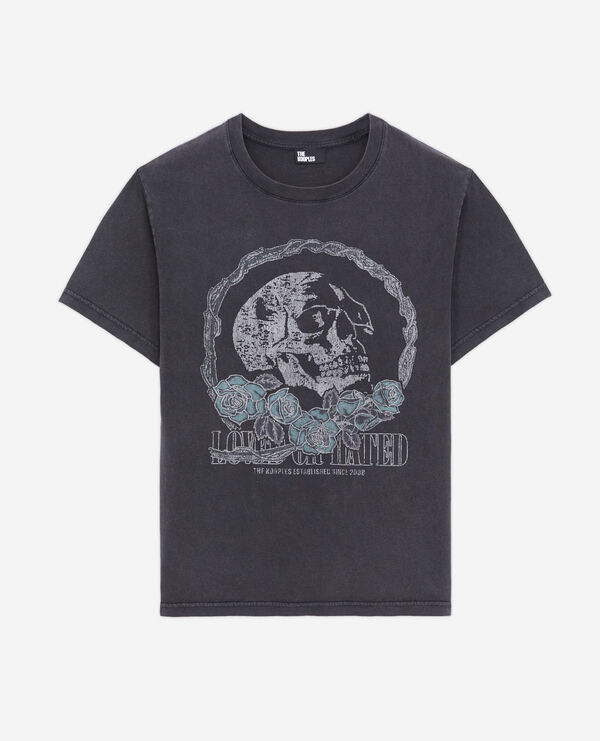 camiseta negra serigrafía vintage skull para mujer