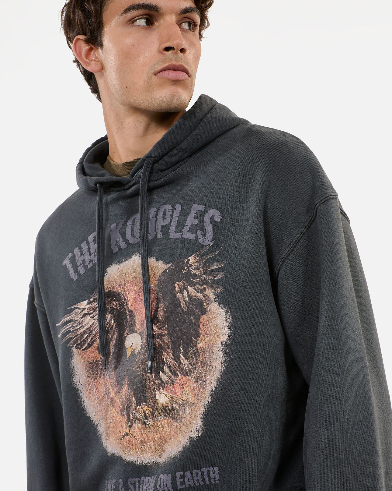 The Kooples H BLACK WASHED black hoodie with serigraphy