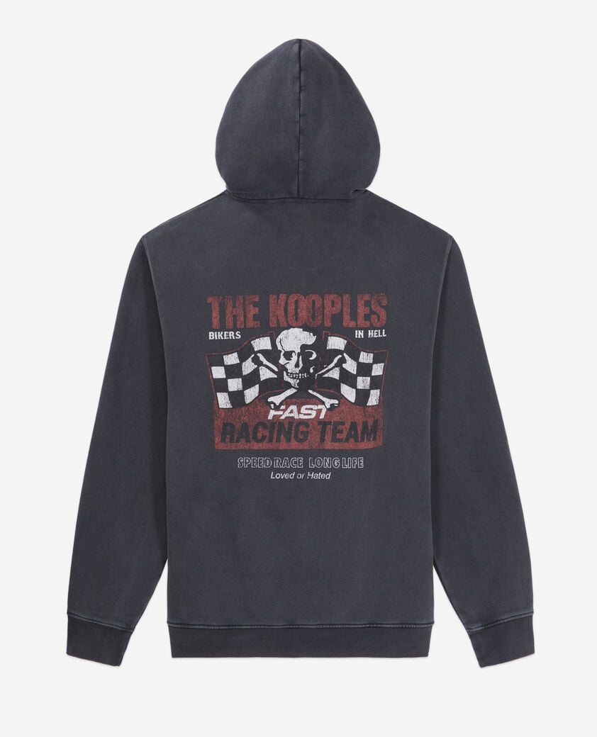 The Kooples MEN BLACK WASHED men's black hoodie with racing skull serigraphy