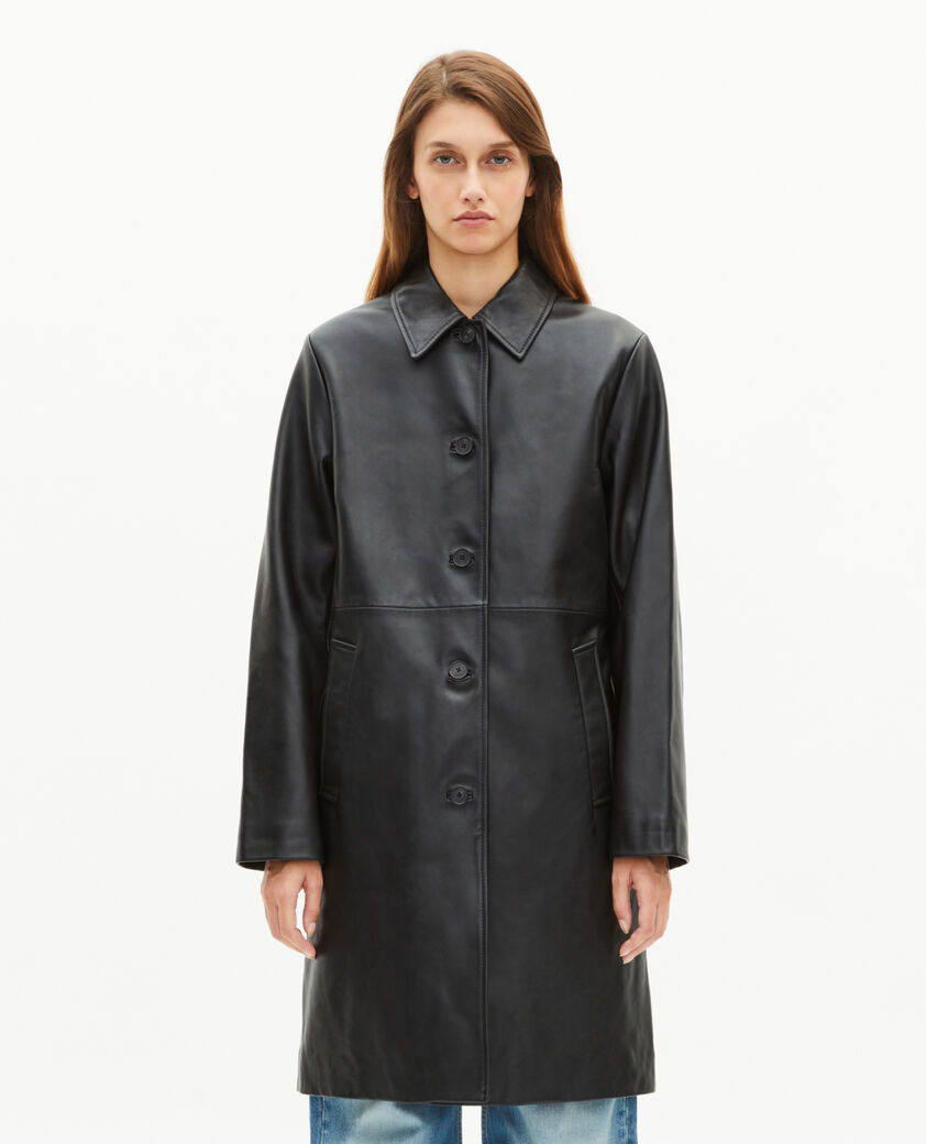 The Kooples DAMEN BLACK langer schwarzer ledermantel