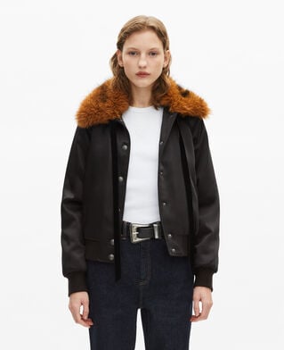 The Kooples F BLACK black satin fur collar jacket