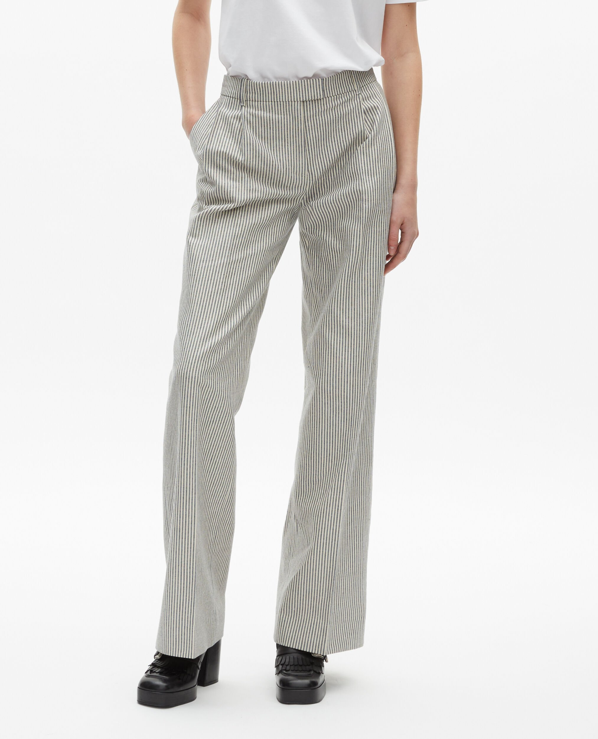Loose-fitting striped pants in white cotton and linen, BLANC / BLEU, hi-res image number null