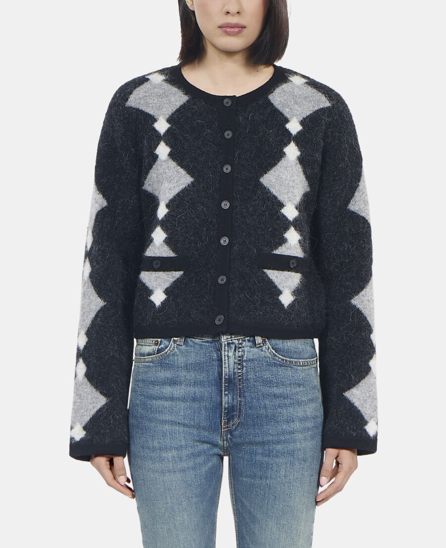 The Kooples F BLACK GREY WHITE grey alpaca diamond cardigan