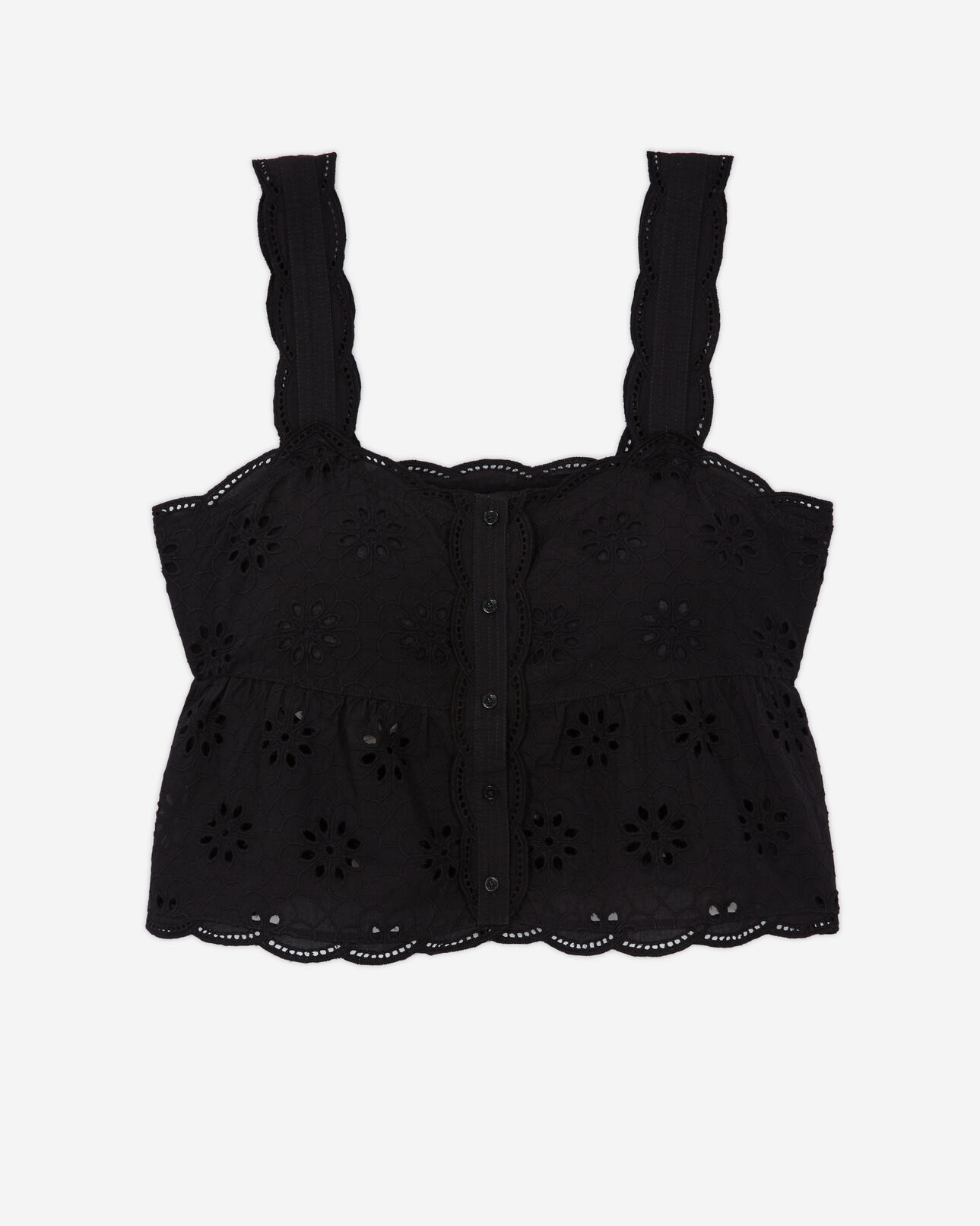 The Kooples DAMEN BLACK kurzes, schwarzes top mit englischer stickerei